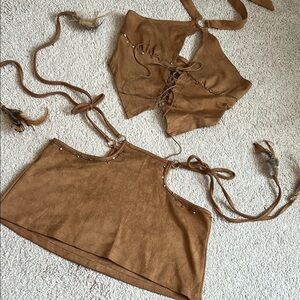 Brown Suede Halter Top and Skirt Festival Set